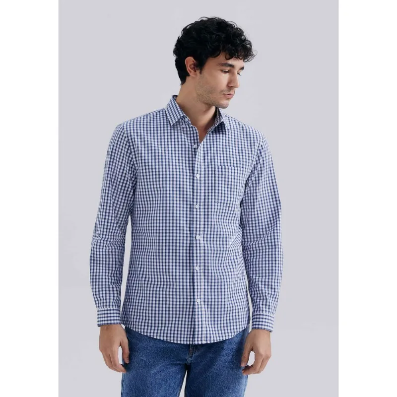 Camisa Básica Masculina Manga Longa Slim Xadrez - Azul XXG