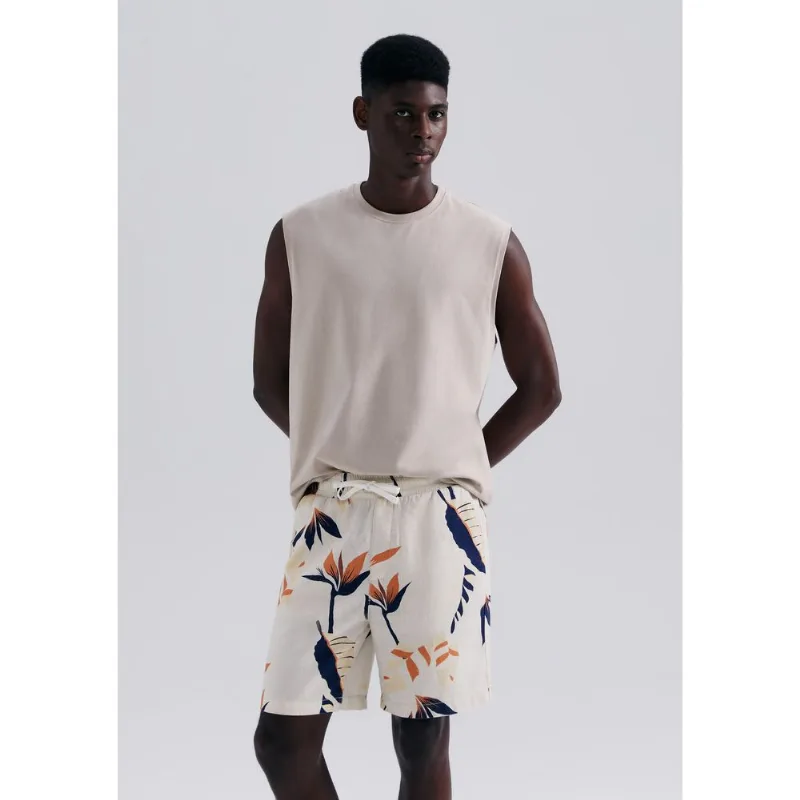 Bermuda Masculina Floral Em Linho - Bege XG