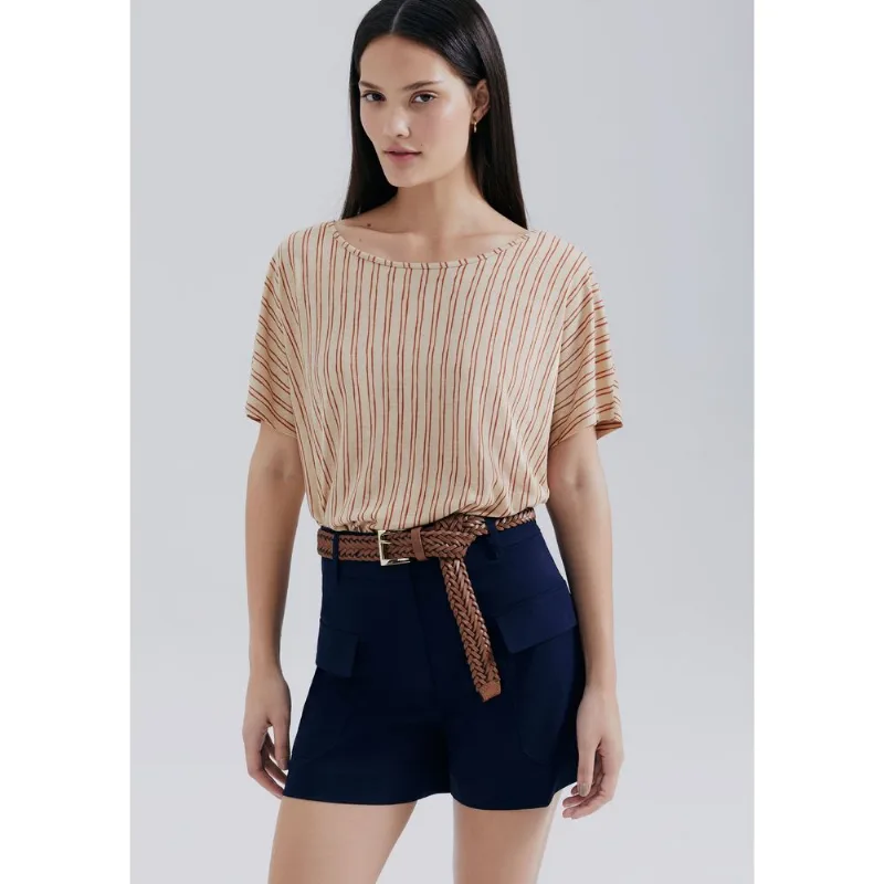 Blusa Feminina Manga Curta Estampada - Bege XXG