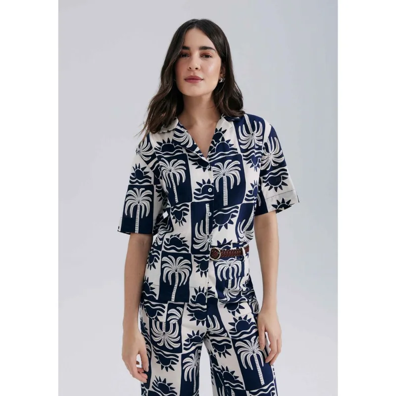 Camisa Feminina Manga Curta Estampada - Azul G