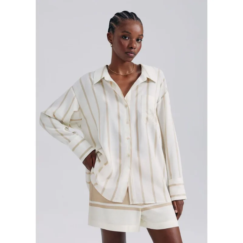 Camisa Feminina Manga Longa Ampla Listrada - Bege G
