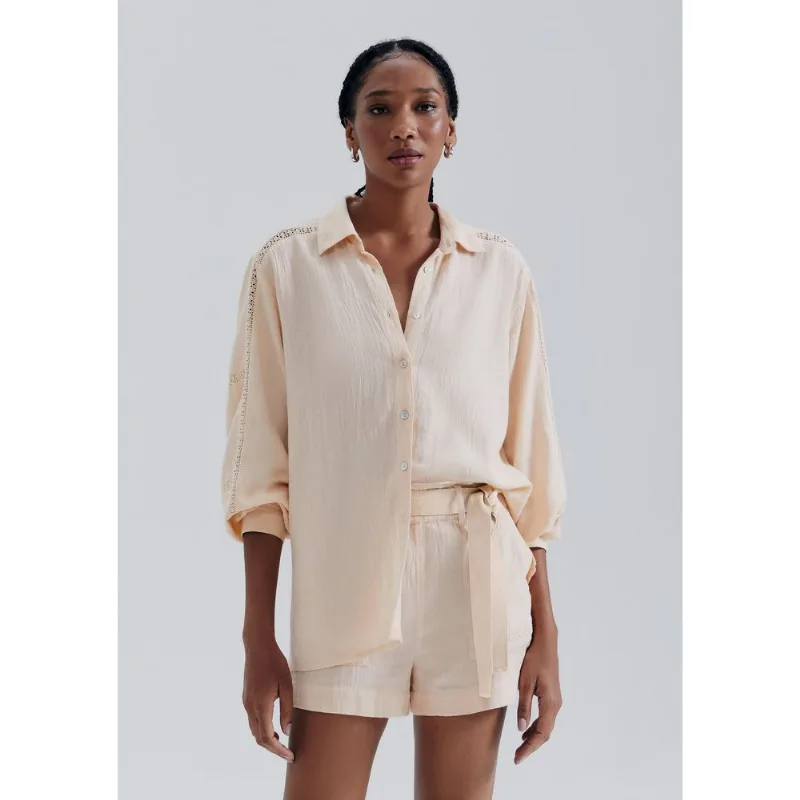 Camisa Feminina Manga Longa Bufante Com Linho - Creme P