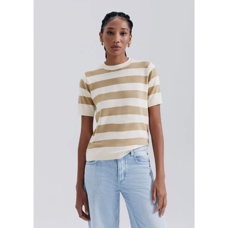Blusa Feminina Manga Curta Listrada Em Tricô Fio Tinto - Bege XP