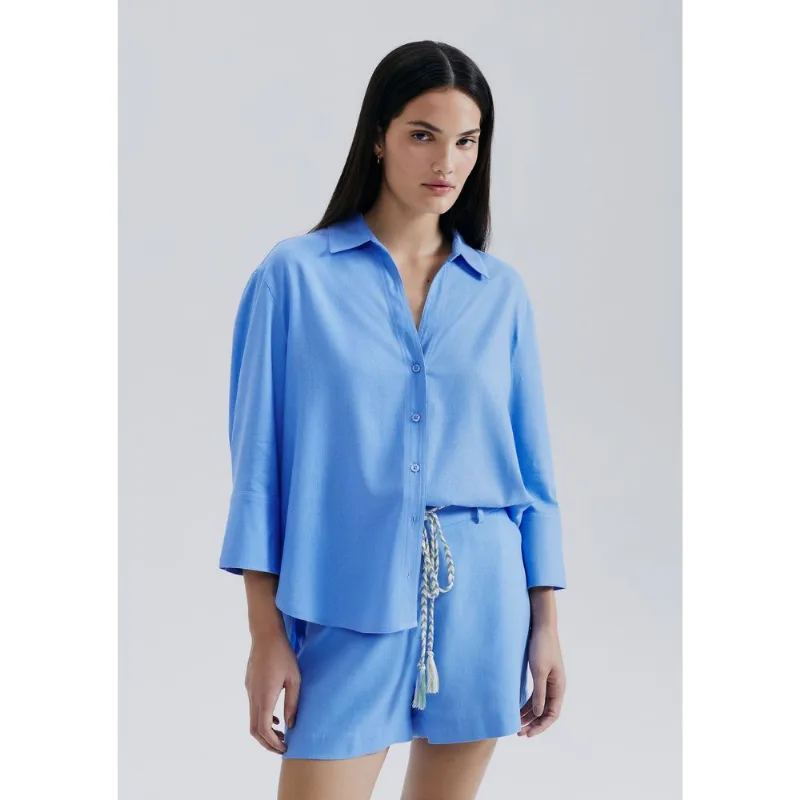 Camisa Feminina Manga 7/8 Com Linho - Azul P
