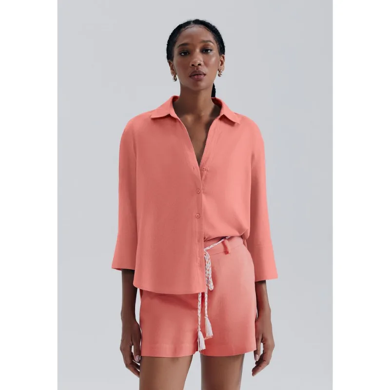 Camisa Feminina Manga 7/8 Com Linho - Salmão P