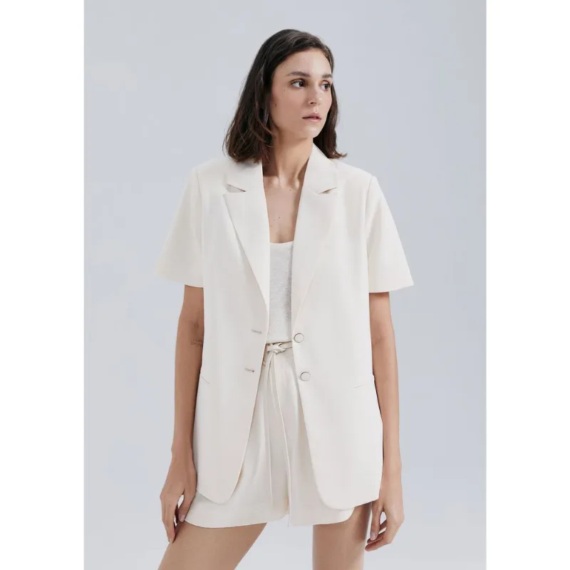 Blazer Em Crepe Manga Curta - Creme M