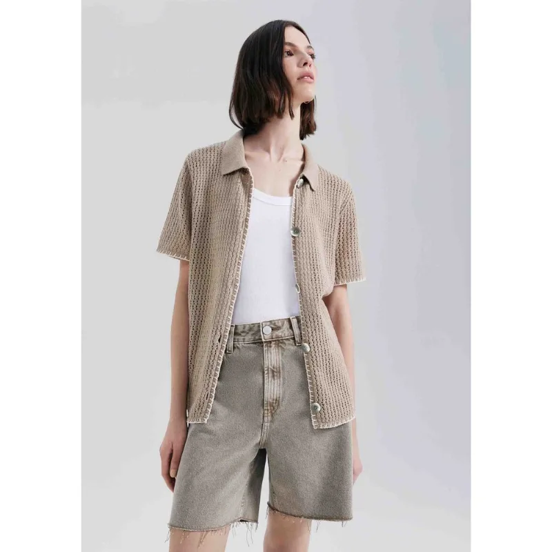Camisa Feminina Manga Curta Em Tricô - Bege G