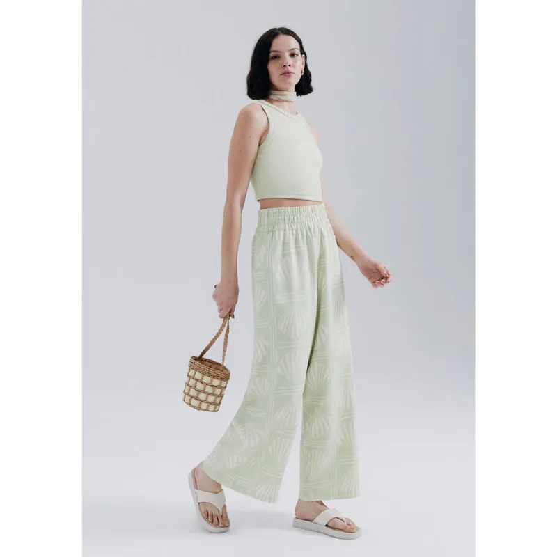 Calça Feminina Pantalona Cintura Alta Estampada - Verde XG