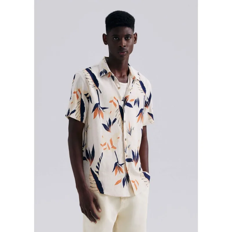 Camisa Masculina Manga Curta Estampada Em Linho - Bege M