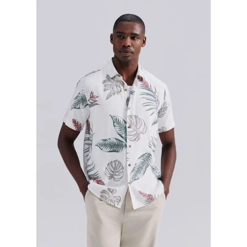 Camisa Masculina Manga Curta Estampada Em Linho - Off white P