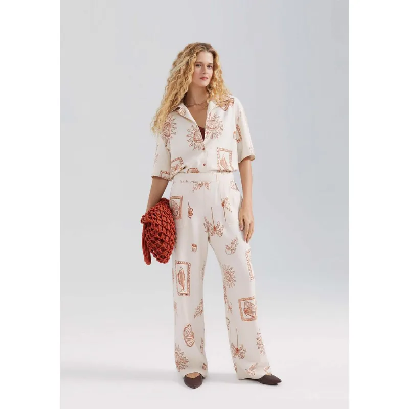 Calça Feminina Reta Estampada - Creme P