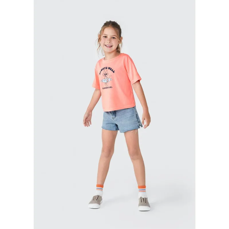 Blusa Infantil Menina Manga Curta Com Estampa - Laranja 006