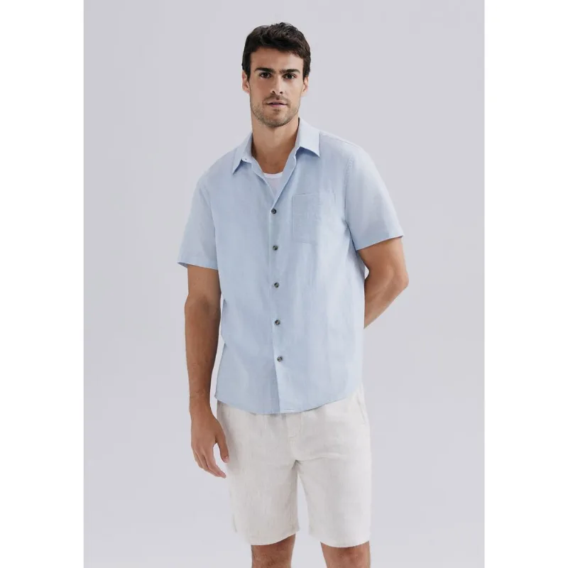 Camisa Masculina Manga Curta Fio Tinto Em Linho - Azul XXG