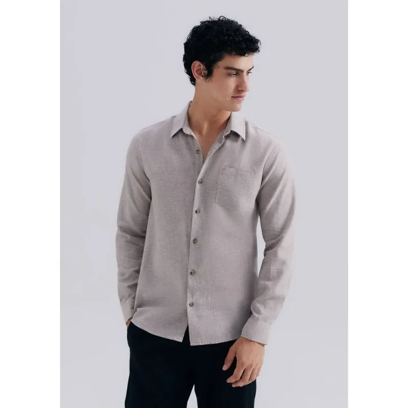 Camisa Masculina Manga Longa Fio Tinto Em Linho - Bege M