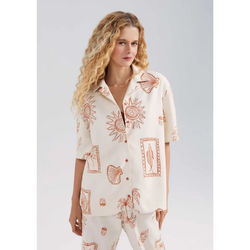 Camisa Feminina Estampada Manga Curta - Creme XG