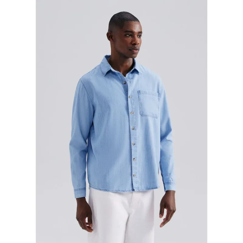 Camisa Masculina Manga Longa Jeans Com Linho - Azul G