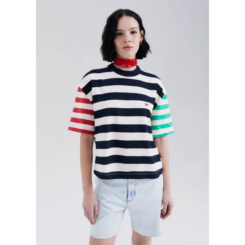 Camiseta Feminina Stripe Com Bordado - Azul P