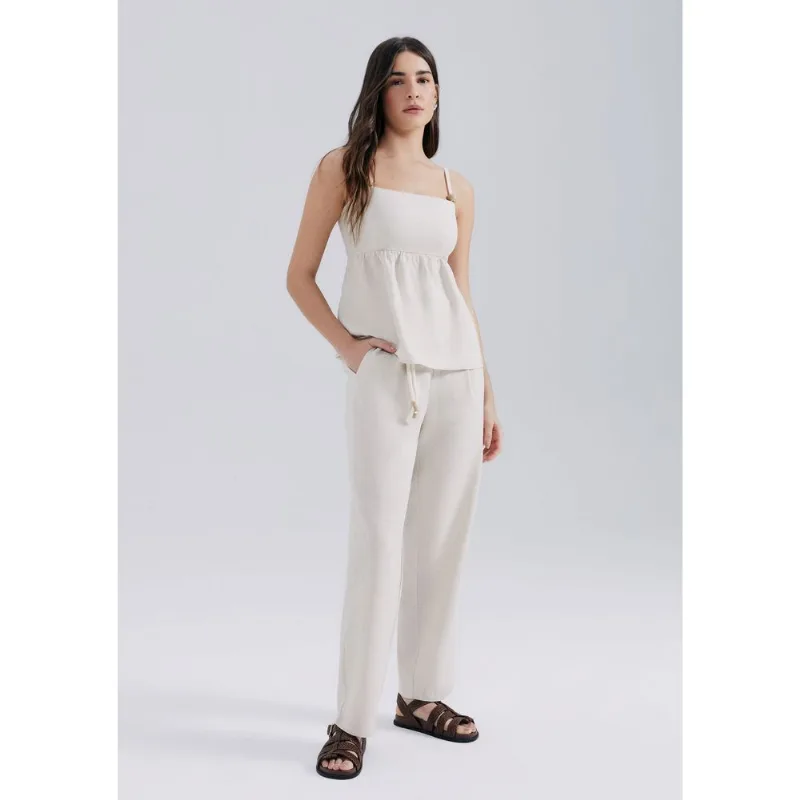 Calça Feminina Carrot Cintura Alta Em Viscolinho - Bege M