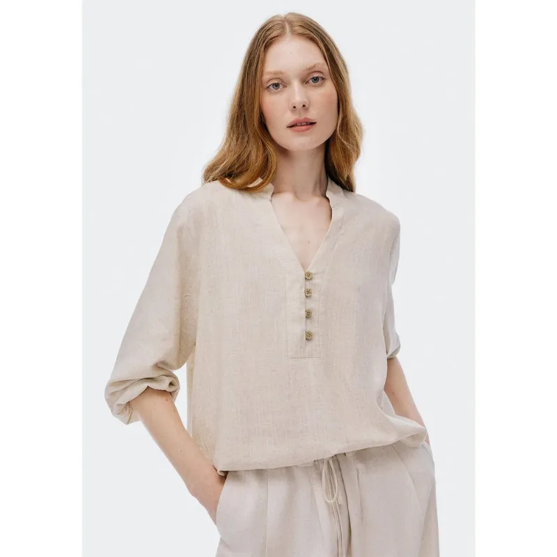 Blusa Feminina Manga 3/4 Em Viscolinho - Bege P