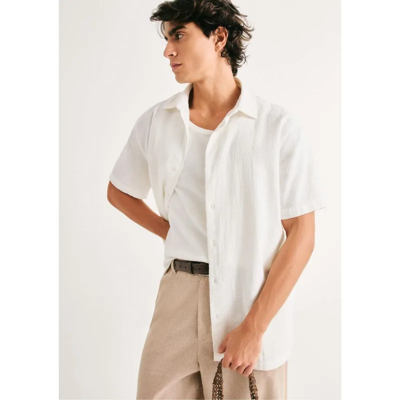 Camisa Masculina Manga Curta Em Algodão - Off white XG