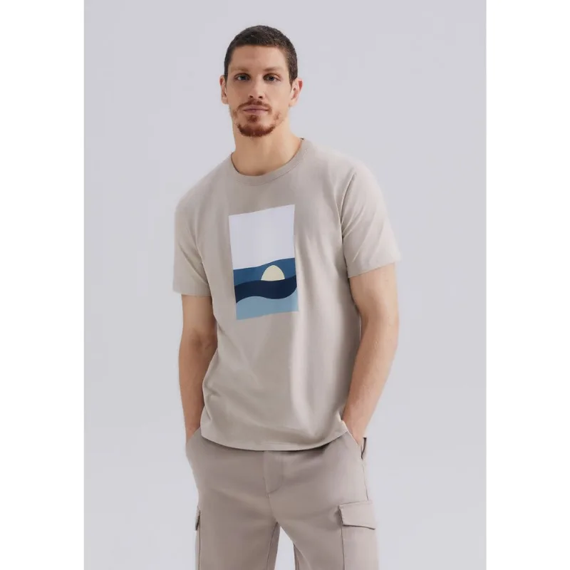 Camiseta Masculina Manga Curta Com Estampa - Bege EXG
