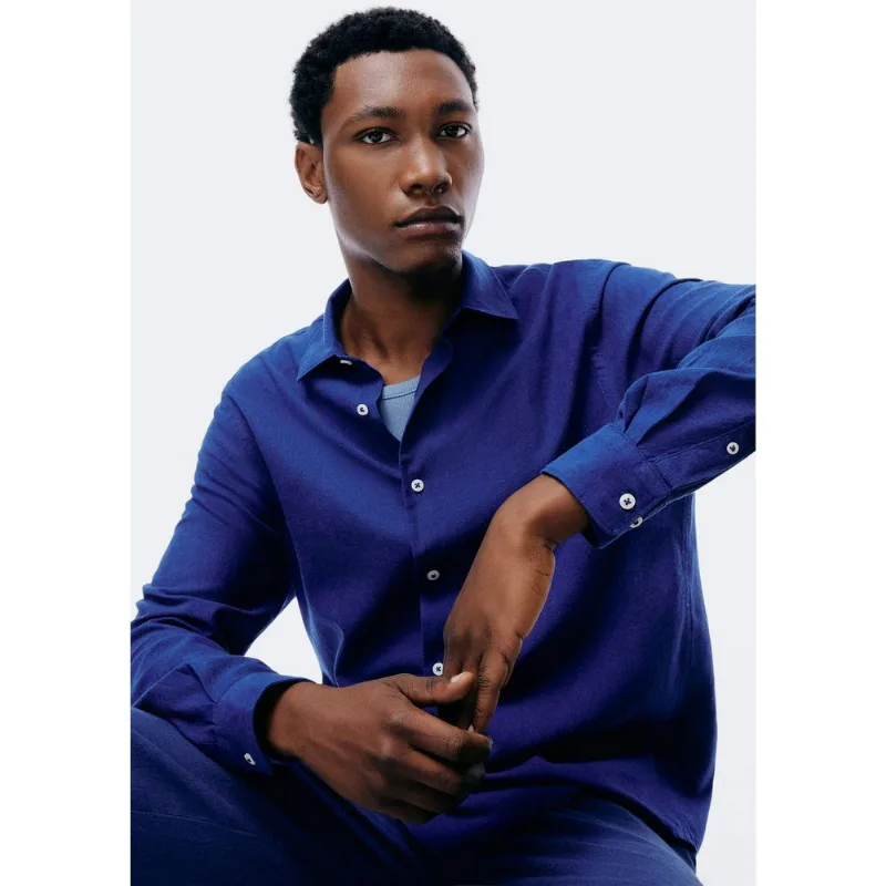 Camisa Masculina Manga Longa Slim Com Linho - Azul XXG