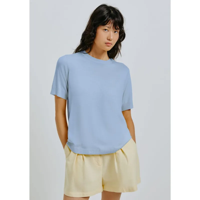 Blusa Feminina Manga Curta Em Tricô Leve - Azul XG