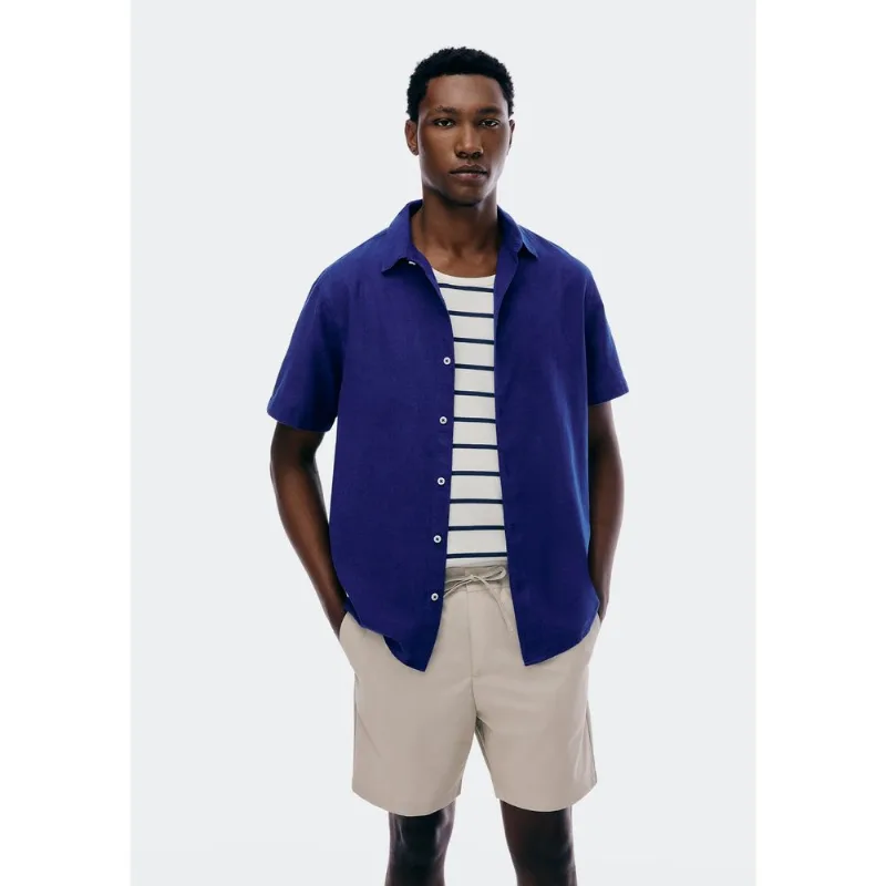 Camisa Masculina Manga Curta Slim Com Linho - Azul G