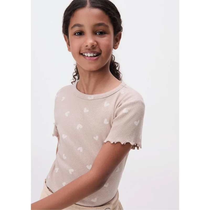Blusa Infantil Menina Manga Curta Em Ribana Estampada - Marrom 012