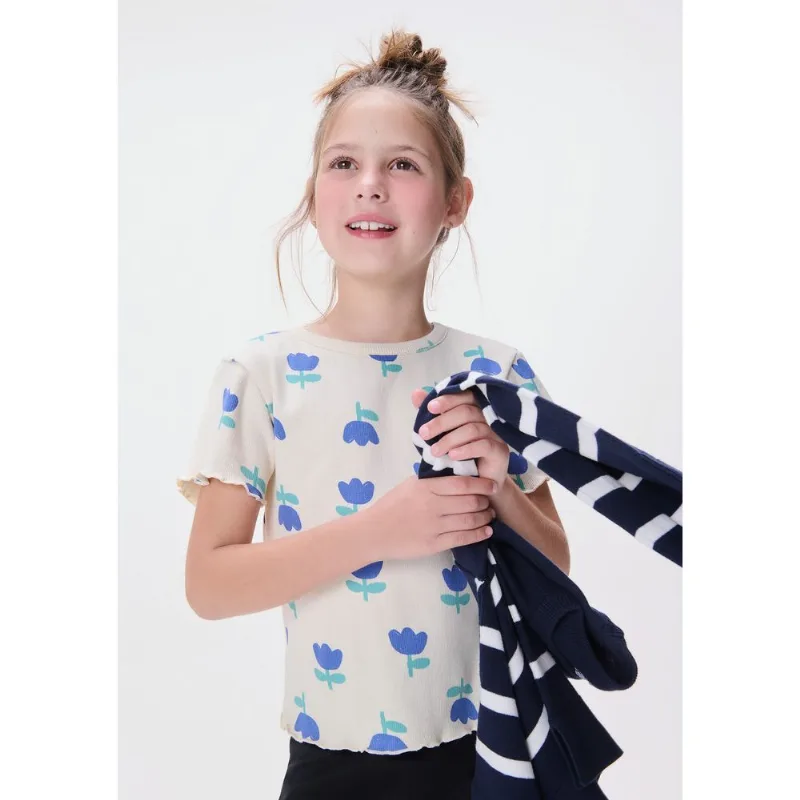 Blusa Infantil Menina Manga Curta Em Ribana Estampada - Creme 008