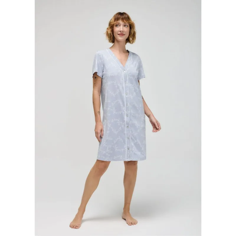Camisola Estampada Manga Curta Com Botões - Azul P