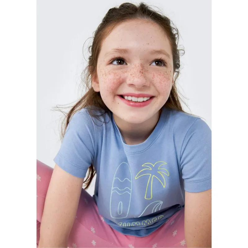 Blusa Infantil Menina Manga Curta Com Estampa - Azul 016