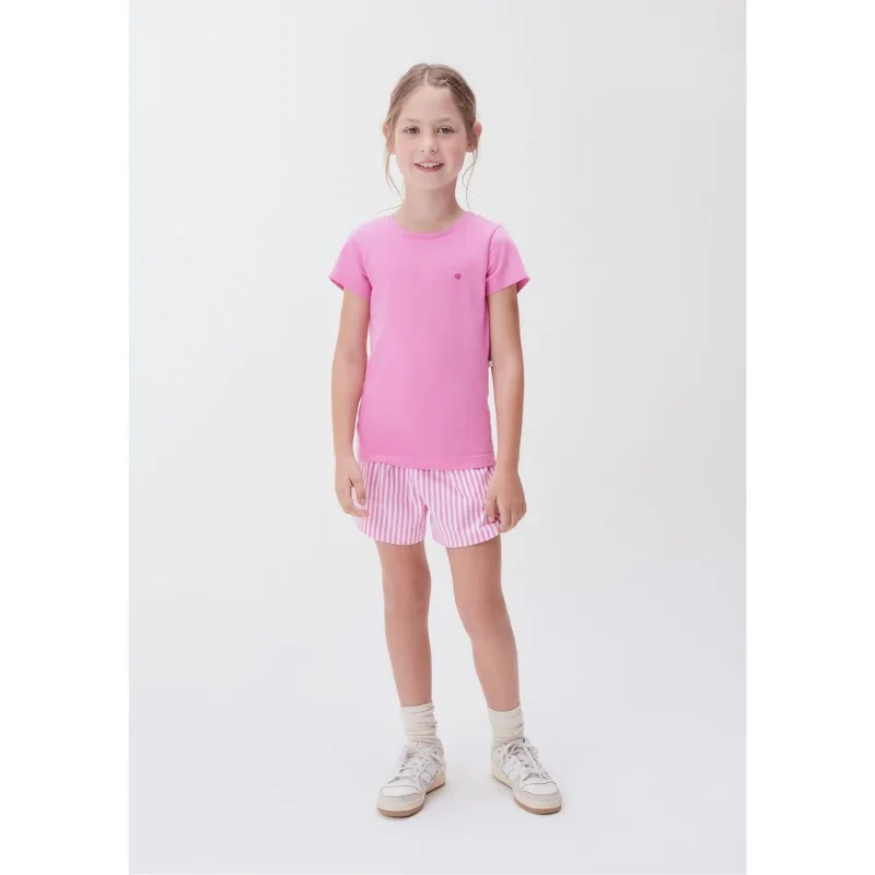 Blusa Básica Infantil Menina Manga Curta Slim Com Bordado Coração - Rosa 016