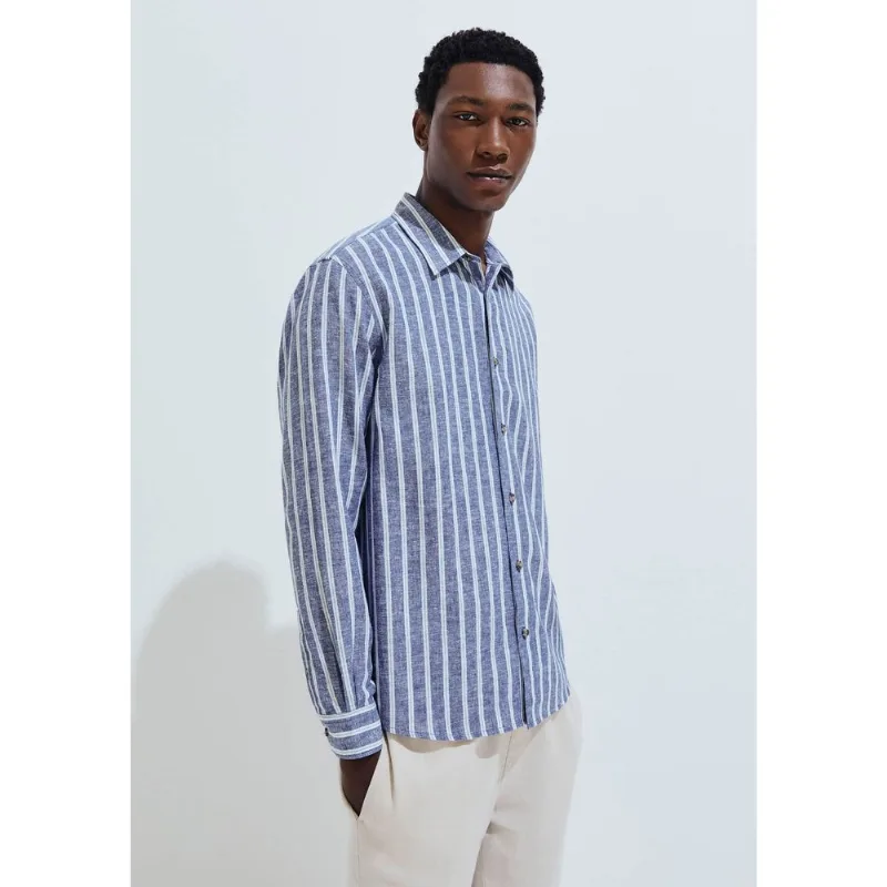 Camisa Masculina Manga Longa Listrada Em Linho - Azul M