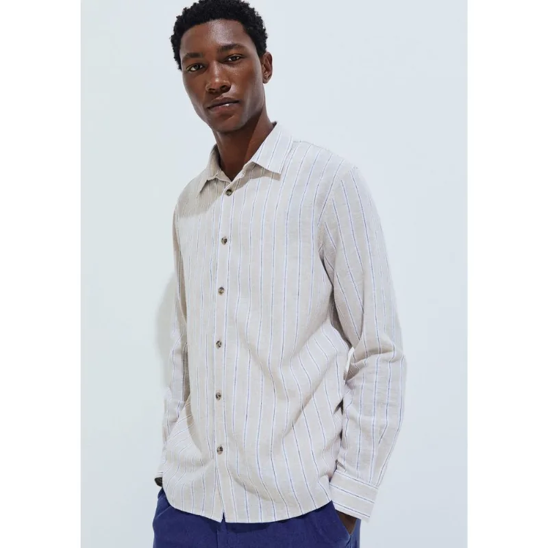 Camisa Masculina Manga Longa Listrada Em Linho - Bege G