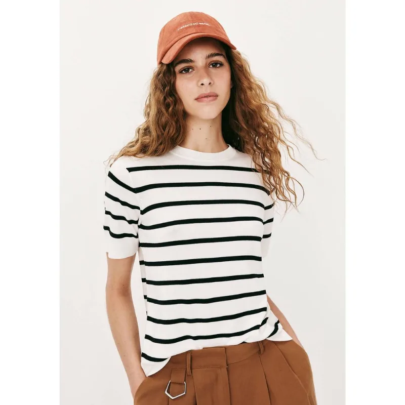 Blusa Feminina Manga Curta Listrada Em Tricô Fio Tinto - Branco P