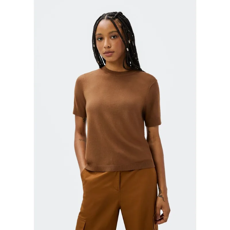 Blusa Feminina Manga Curta Em Tricô Leve - Marrom P