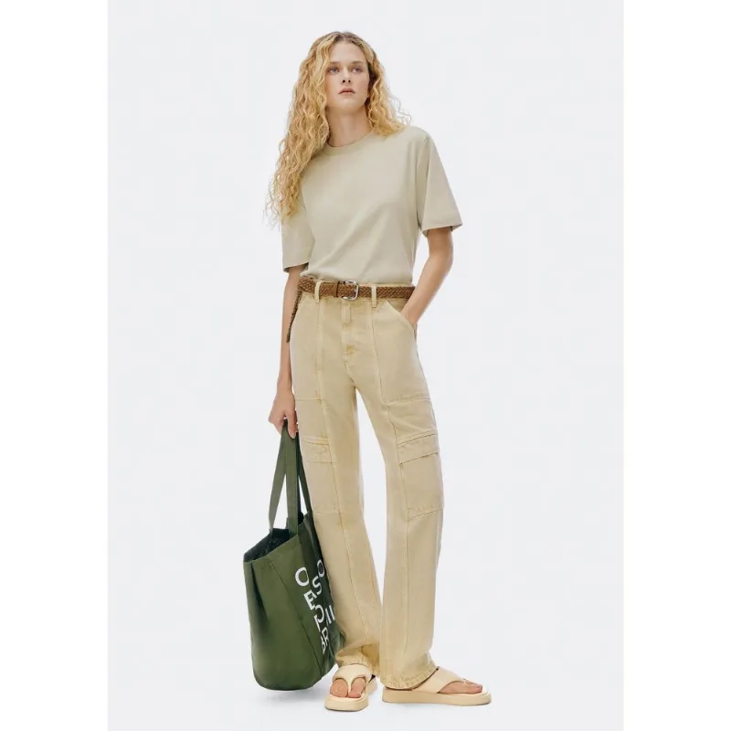 Calça De Sarja Feminina Cargo Reta Cintura Média - Caqui 040