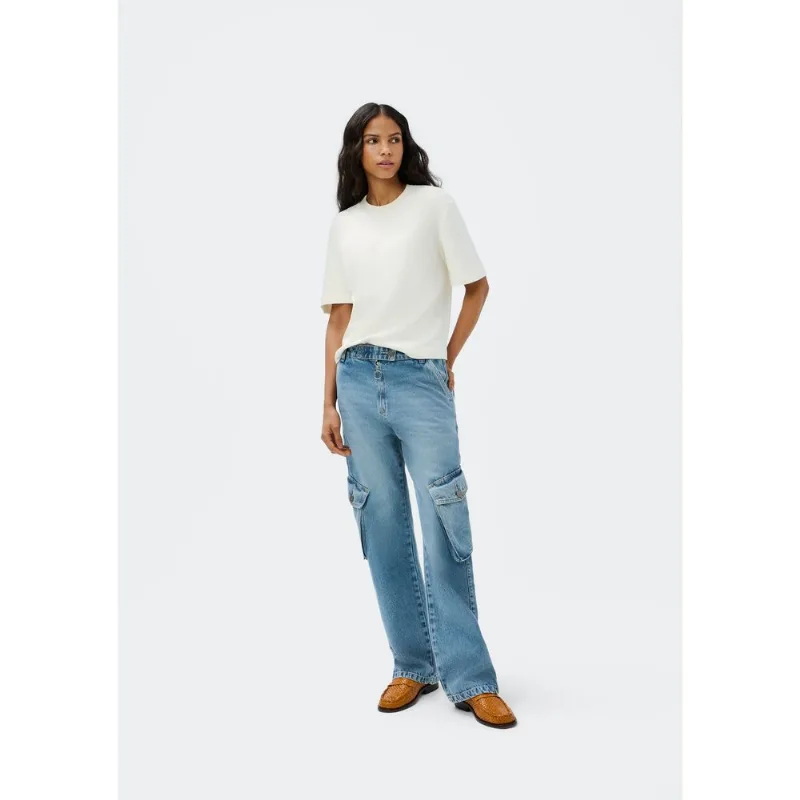 Calça Jeans Feminina Wide Leg Cargo Cintura Média - Azul 044