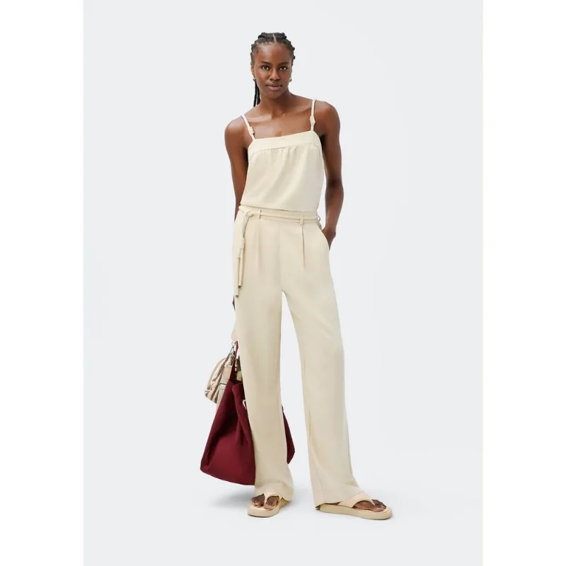 Calça Feminina Reta Cintura Alta Com Amarração - Creme M