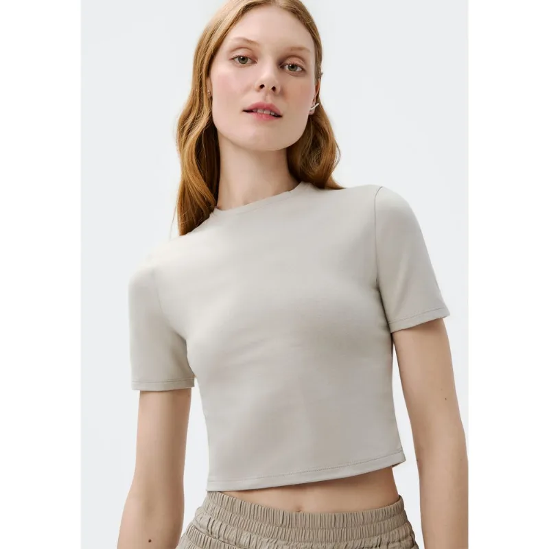 Blusa Feminina Básica Cropped Manga Curta Com Elastano - Cinza P