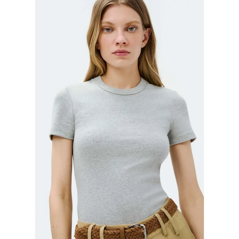 Blusa Feminina Manga Curta Slim Em Ribana - Cinza P
