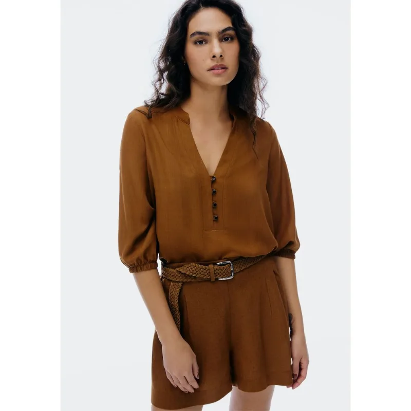Blusa Básica Feminina Manga 7/8 Bufante - Marrom M