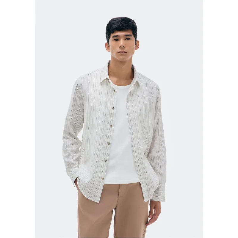Camisa Masculina Manga Longa Listrada Em Linho - Branco XXG