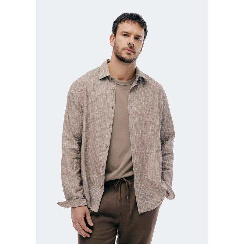 Camisa Masculina Manga Longa Listrada Em Linho - Marrom G