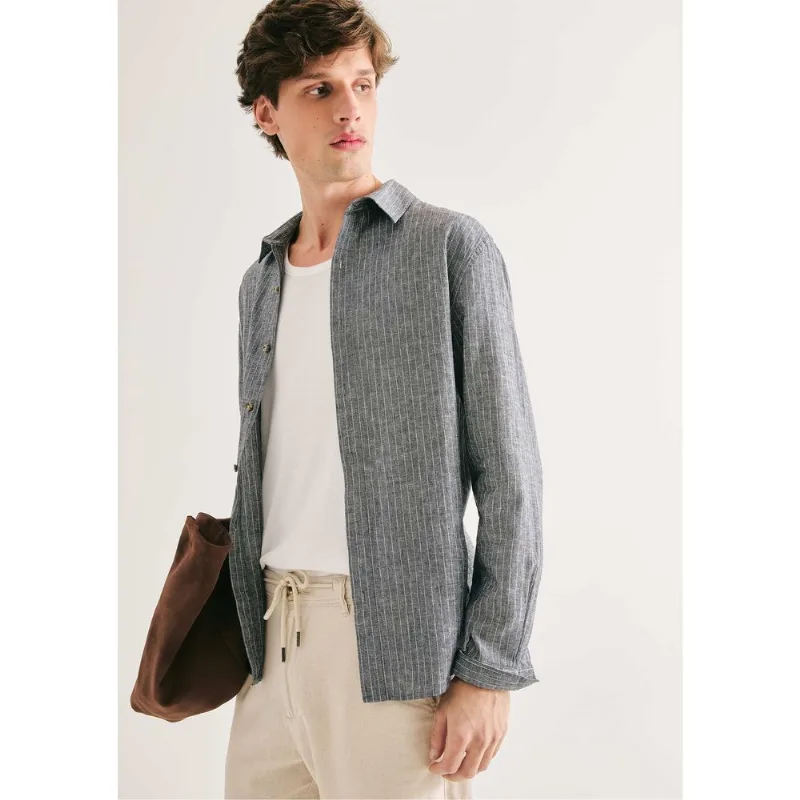 Camisa Masculina Manga Longa Listrada Em Linho - Cinza G