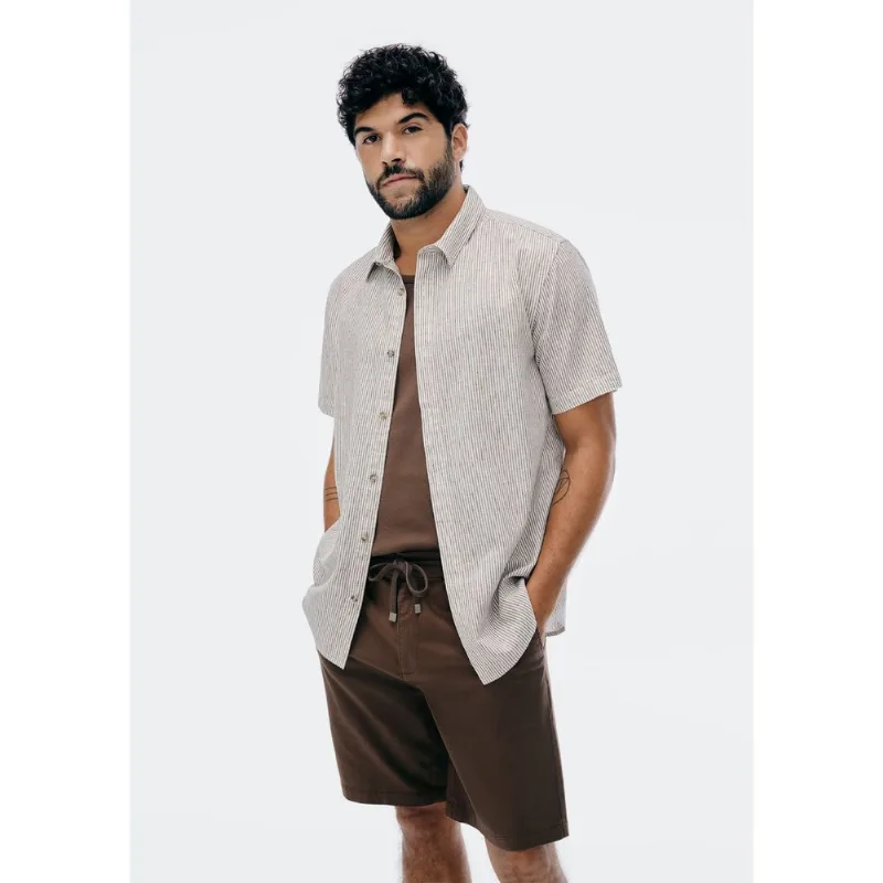 Camisa Masculina Manga Curta Fio Tinto Listrada Em Linho - Bege M