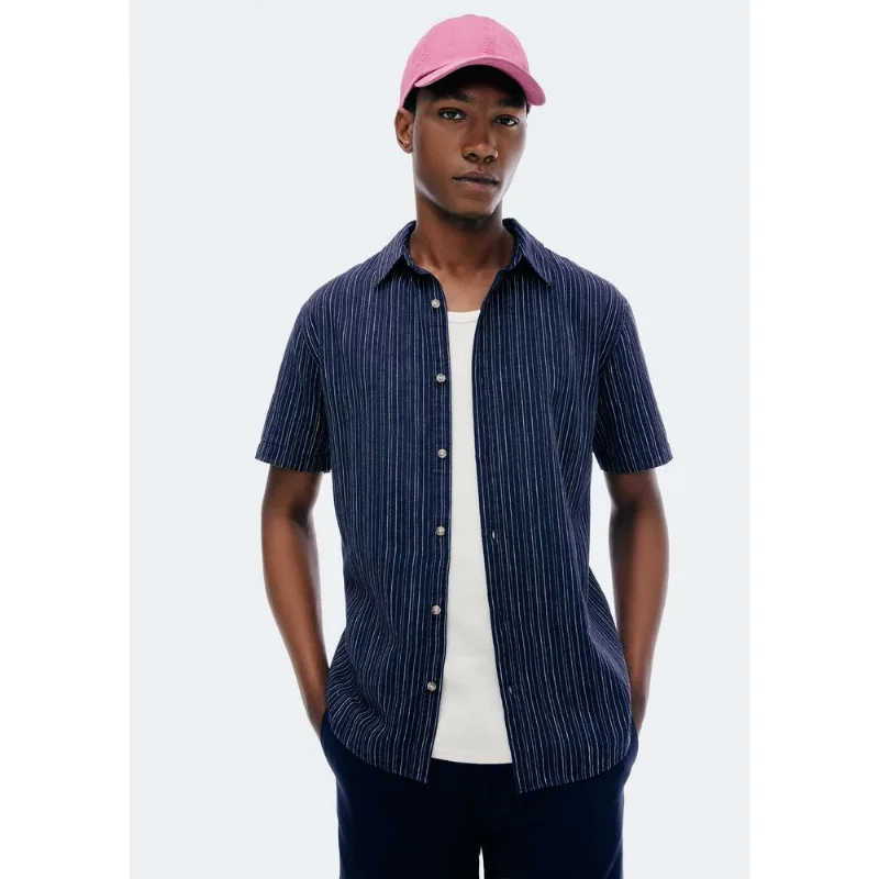 Camisa Masculina Manga Curta Fio Tinto Listrada Em Linho - Azul G