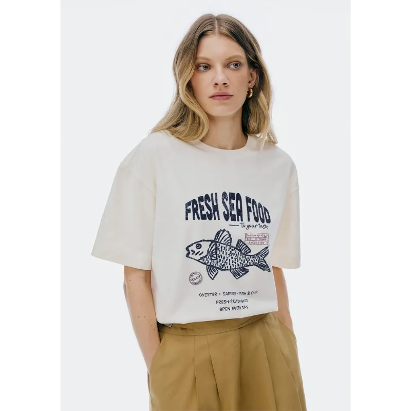 Blusa Feminina Oversized Estampada Super Cotton - Creme M