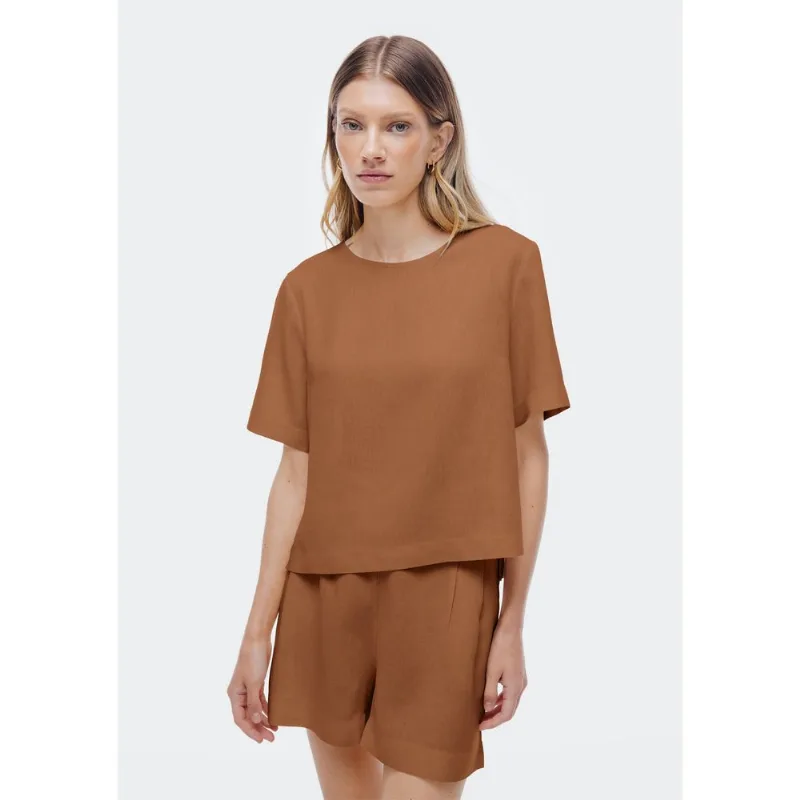 Blusa Feminina Manga Curta Com Linho - Marrom P